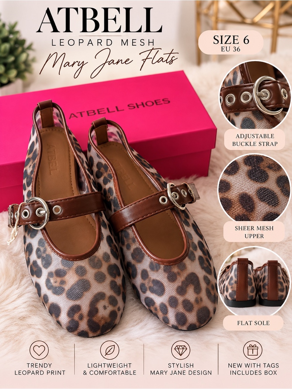 ATBELL Leopard Mesh Mary Jane Ballet Flats US Women’s 6 / EU 36 NWT